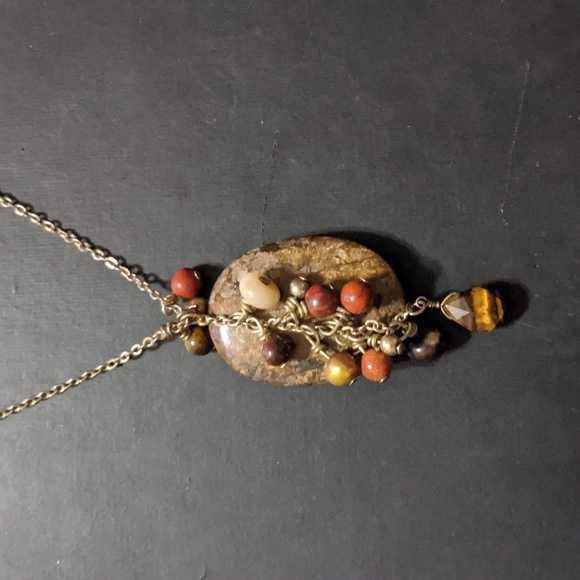 Gold Tone Brown Jasper and Tigerseye Beaded Pendant Statement Necklace - Picture 1 of 4